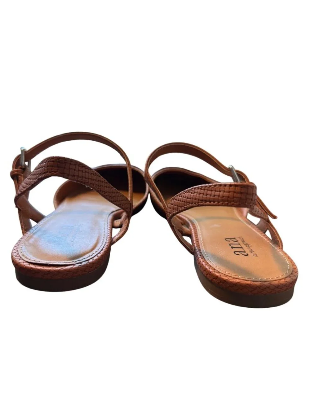 A.N.A Tan Woven Square Toe Slingback Sandals Shoes Buckle Farber 018-0226 Sz 7
